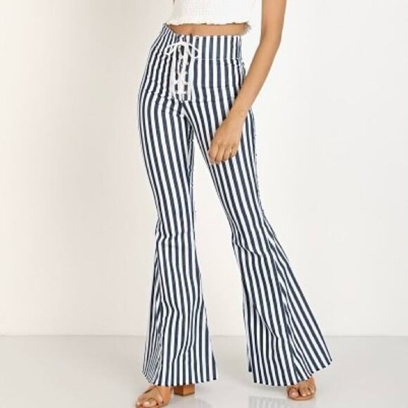 Show Me Your MuMu Pants - Show Me Your Mumu Mumu Blue Berkeley Tie Up Bells Nautical Stripe Jeans
